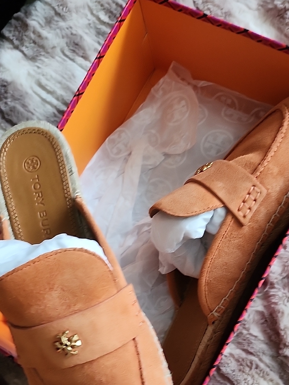 Tory Burch Orange Suede Mules with Gold Logo